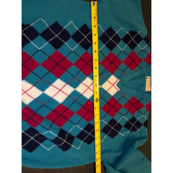 Alan Paine Vintage Lambswool Argyle V-Neck Sweater Teal Red Made in England 44 - Picture 5 of 9